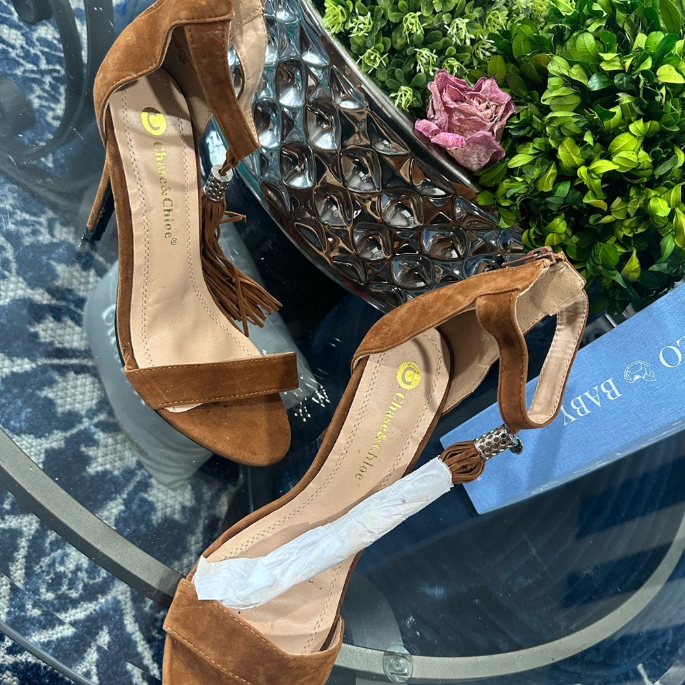 Chase + Chloe Tan Suede Tassel Ankle-Strap Heels